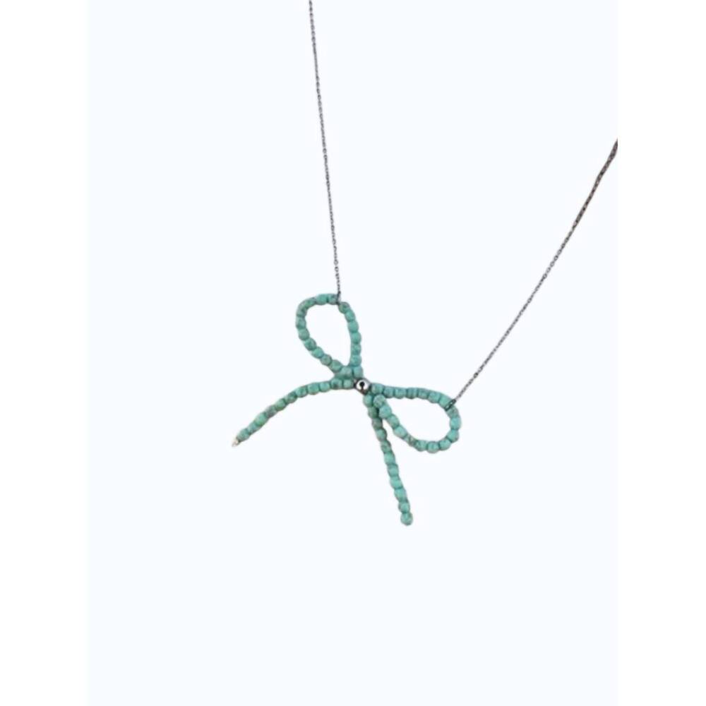 NEW ROWDY CROWD women's pearl bow beaded necklace in teal navajo